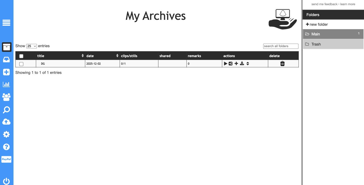 SonoClipShare My Archives screen
